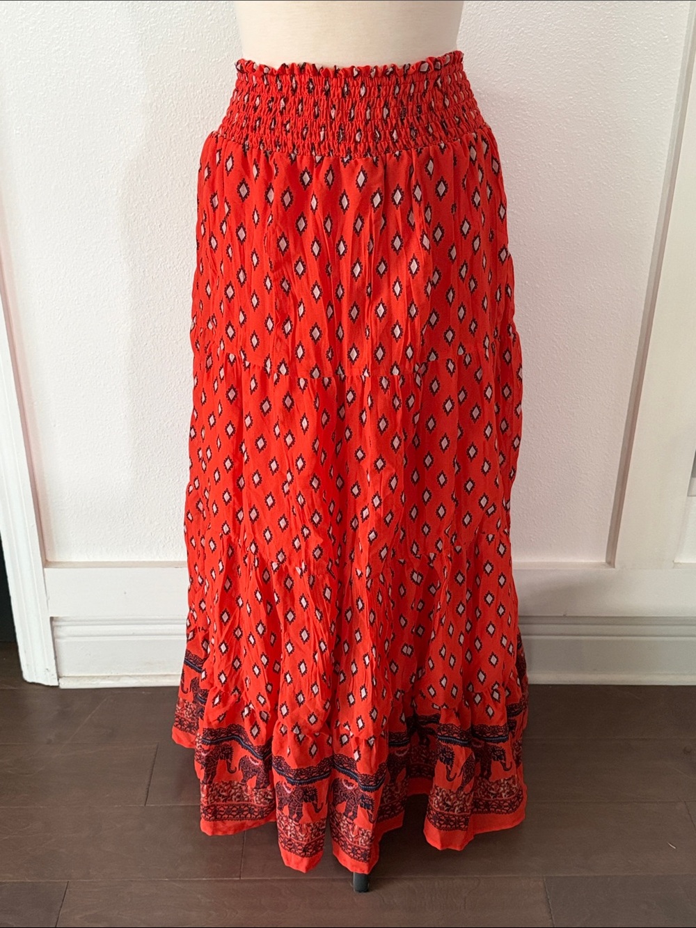 Red Printed Smocked Maxi Skirt